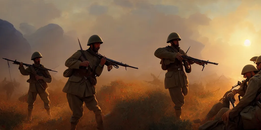 Image similar to gallipoli campaign, turkish soldiers are defending the dardanelles, battlefield 1 aesthetic, extremely detailed digital painting, in the style of fenghua zhong and ruan jia and jeremy lipking and peter mohrbacher, mystical colors, rim light, beautiful lighting, 8 k, stunning scene, raytracing, octane, trending on artstation