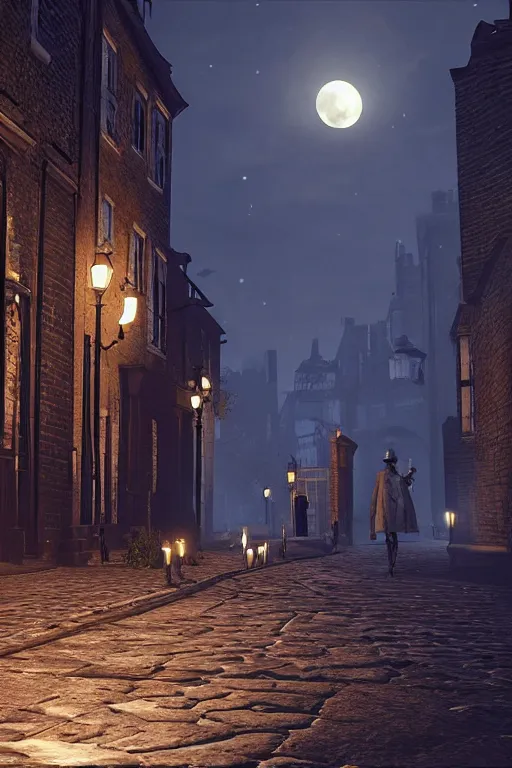 Prompt: jack the ripper plans his next victim in old victorian london with the moonlight behind him and candles lighting his way, detailed, unreal engine