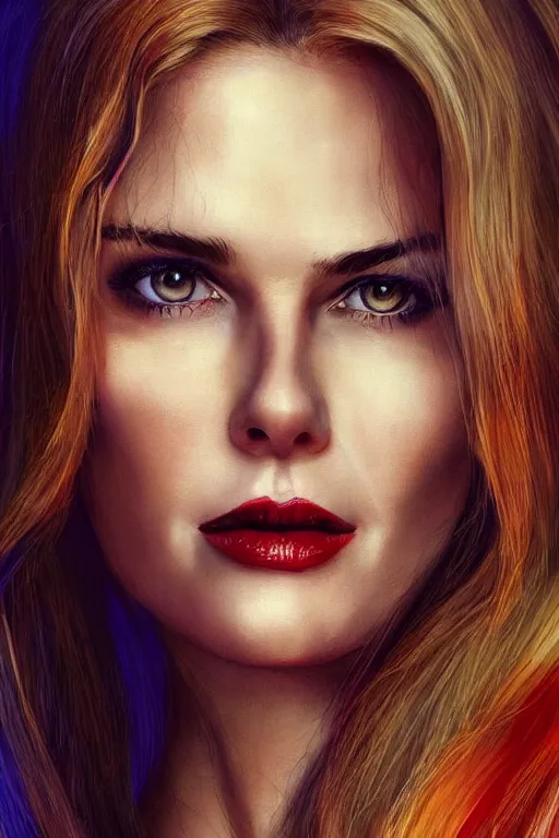 Image similar to mix of beautiful young maria shriver, mariel hemmingway, brooke shields, nicole kidman and elle macpherson as a snake girl with fangs, thin lips, hair tied up in a pony tail, dark blonde hair, colorful, artstation, cgsociety