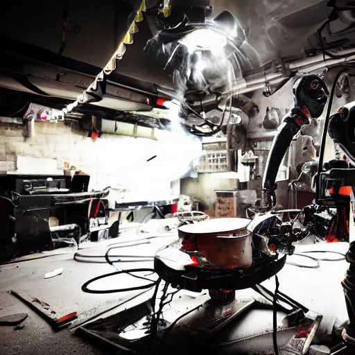 Prompt: technician repairing head of toaster oven mecha, dark messy smoke - filled cluttered workshop, dark, dramatic lighting, orange tint, cinematic, highly detailed, sci - fi, futuristic, movie still