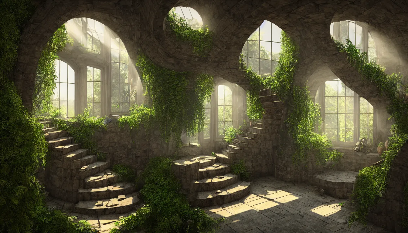 Prompt: intimate detailed stone room, full of windows streaming sunlight, spiralling staircase and shelves full of books, over grown vegetation falls from the ceiling, strong shadows, full colour, hyper realistic photo, unreal engine, upscale, 8 k, masterpiece,