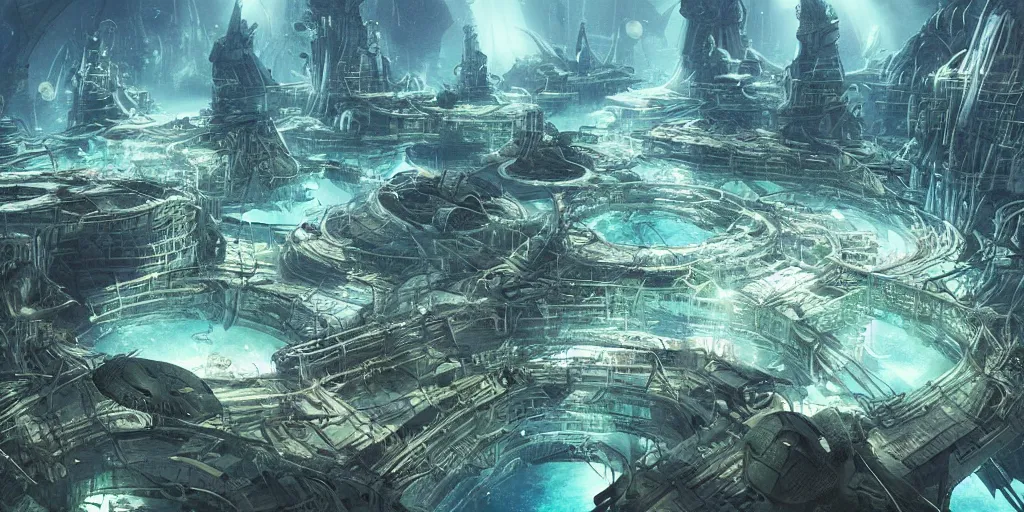 Prompt: massive underwater city, advance technology, bioluminescent, futuristic, photo realistic