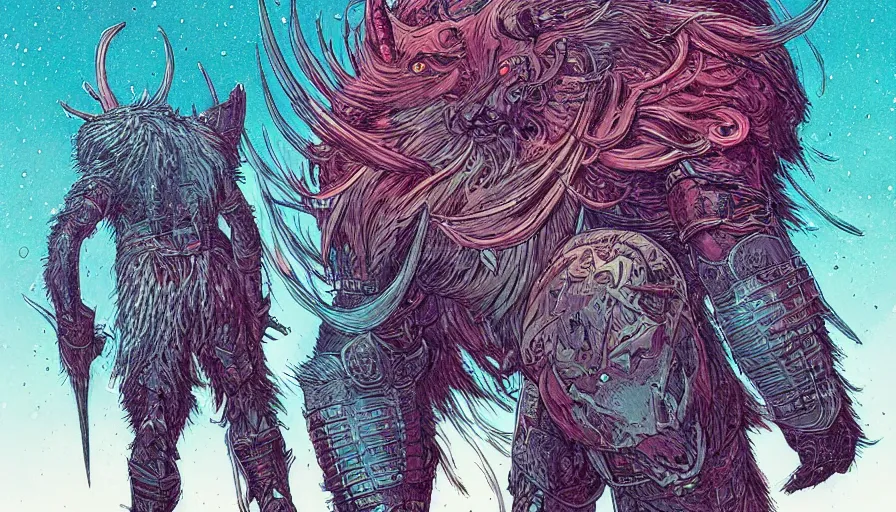 Prompt: humanoid bulky wolf warrior from elden ring by moebius and kilian eng, atmospheric, fine details, vivid, neon, masterpiece