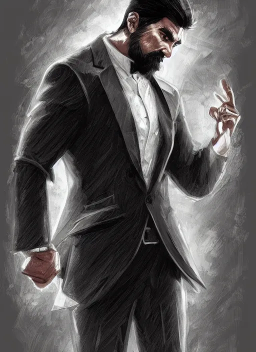 Image similar to a highly detailed illustration of serious short black haired filipino man with goatee wearing suit, dramatic reading book pose, muscular, intricate, elegant, highly detailed, centered, digital painting, artstation, concept art, smooth, sharp focus, league of legends concept art, WLOP