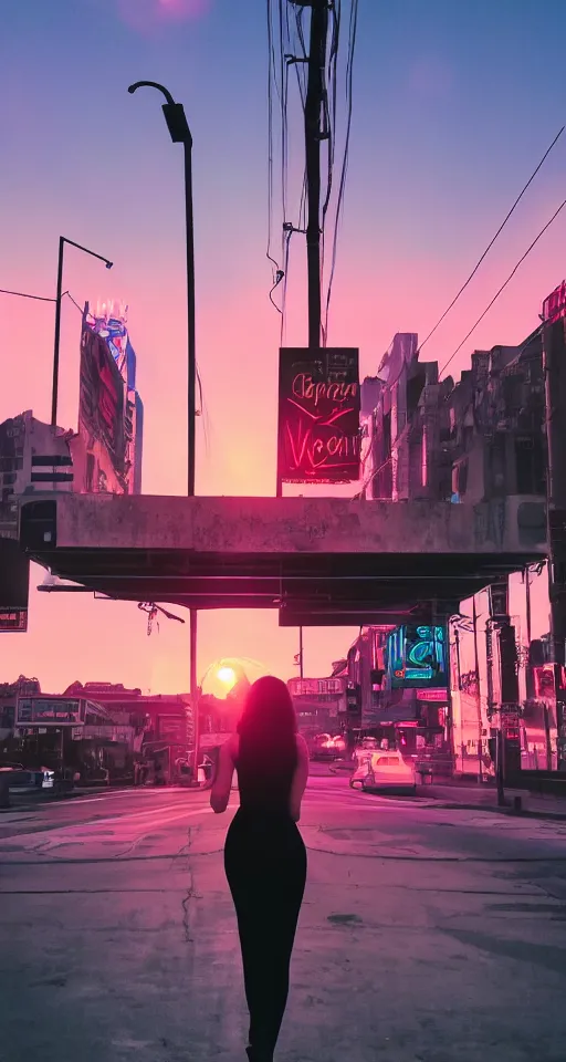 Image similar to hyperrealism, women, city, neon lights, glow, sunset, atmospheric, cinematic, retrowave style,