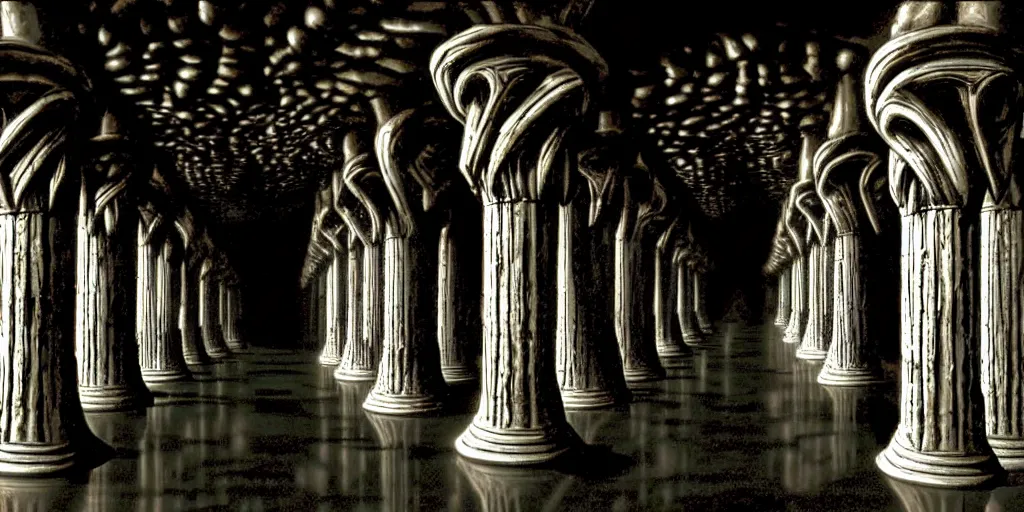 Prompt: durin's bane in the great hall of moria, columns along both sides of the great hall, style of h. r. giger, dark, cinematic