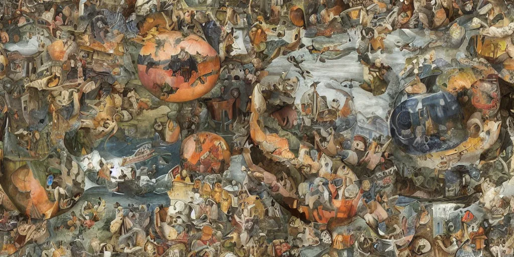 Image similar to 4 k photorealistic full color gradient pattern of escher style 3 6 0 panorama with hieronymus bosch style bubbles, unfinished, very detailed