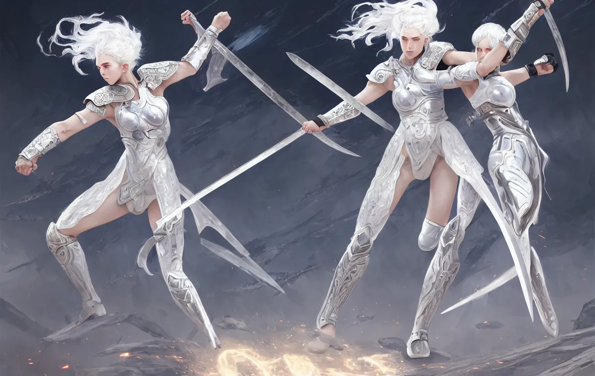 Image similar to dueling, kickboxing, battle stance, wielding sci - fi melee weapons in ruined agora of athens sunrise, white hair knights of zodiac girl matt white ice color armor, intricate and elegant, highly detailed, digital painting, artstation, concept art, illustration, art by tian zi and wlop and alphonse mucha