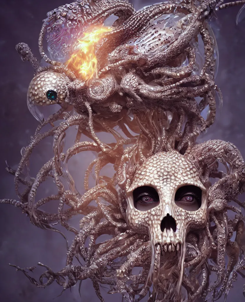 Image similar to close-up macro portrait of the face of a beautiful princess with animal skull mask, epic angle and pose, symmetrical artwork, 3d with depth of field, blurred background, cybernetic jellyfish female face skull phoenix bird, translucent, nautilus, energy flows of water and fire. a highly detailed epic cinematic concept art CG render. made in Maya, Blender and Photoshop, octane render, excellent composition, cinematic dystopian brutalist atmosphere, dynamic dramatic cinematic lighting, aesthetic, very inspirational, arthouse. y Greg Rutkowski, Ilya Kuvshinov, WLOP, Stanley Artgerm Lau, Ruan Jia and Fenghua Zhong