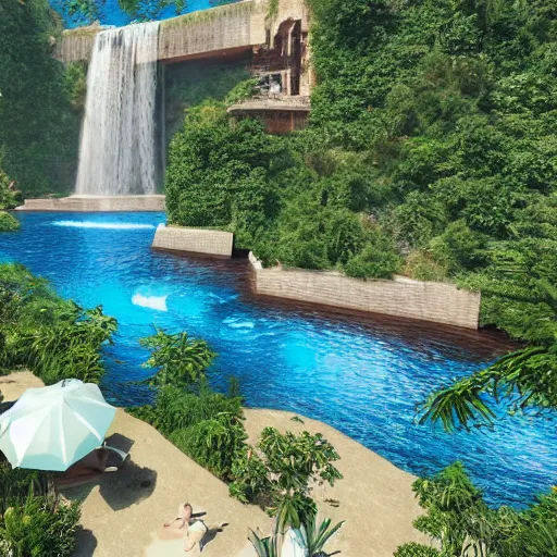 Image similar to a large swimming pool with a waterfall in the middle of it, a digital rendering by ricardo bofill, featured on tumblr, aestheticism, vray, sanctuary, rendered in unreal engine