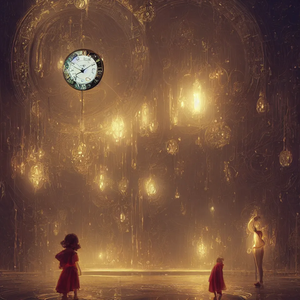 Prompt: a child surrounded by mirror and evil clock, intricate, elegant, glowing lights, highly detailed, digital painting, artstation, concept art, smooth, sharp focus, illustration, bruce pennington, 8 k, very high resolution, processing, extremely hyperdetailed