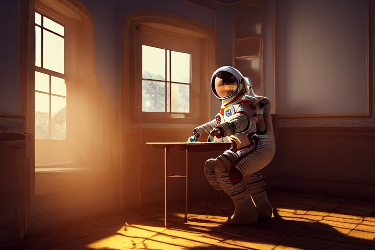 Image similar to a single cosmonaut in a spacesuit drinks a steaming cup of tea at an old wooden desk in a richly decorated Victorian house. the autumn light comes in through a window and dimly illuminates the room, diffuse light, octane render