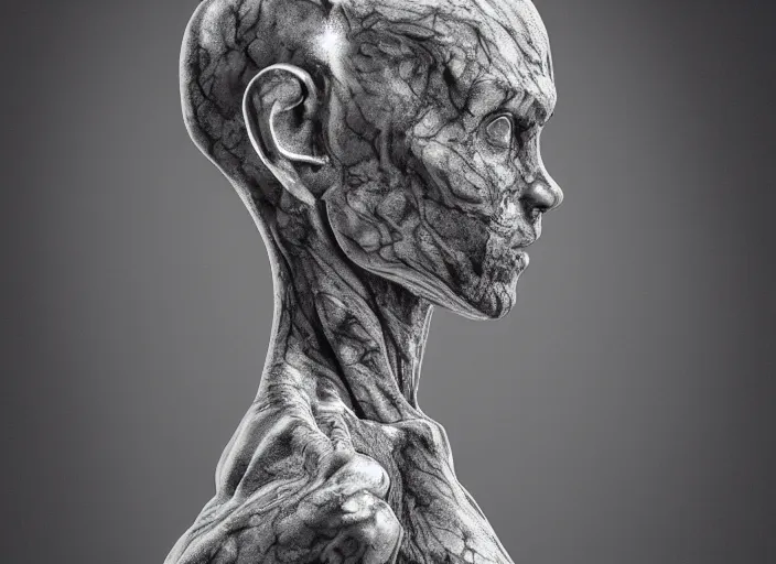 Image similar to stylized shiny polished silver statue full body extra limbs bizarre cosmic horror demonic demon made of marble of slug creature, perfect symmetrical body, perfect symmetrical face, hyper realistic, hyper detailed, by johannen voss, by michelangelo, octane render, blender, 8 k, displayed in pure white studio room