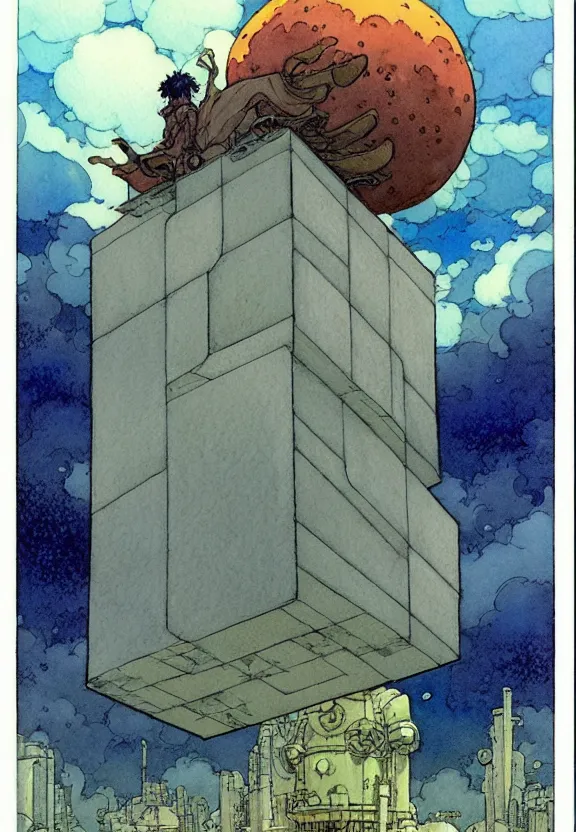 Prompt: a simple watercolor fantasy concept art of a giant sc - fi grey cube floating in the air. by studio ghibli, rebecca guay, michael kaluta, charles vess