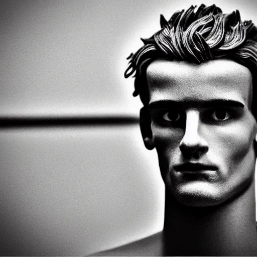 Image similar to “ a realistic detailed photo of a guy who is an attractive humanoid who is half robot and half humanoid, who is a male android, soccer player antoine griezmann, shiny skin, posing like a statue, blank stare, at the museum, on display ”