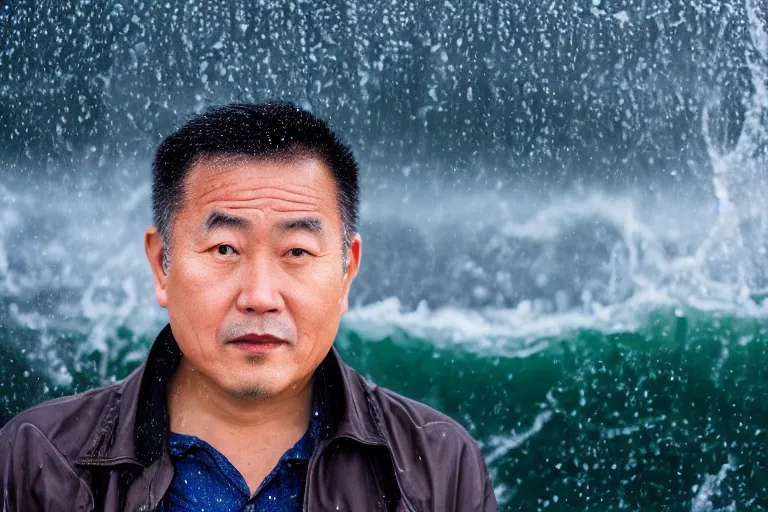 Prompt: a cinematic headshot portrait of a middle aged asian man, ocean background, waves, rain, dramatic lighting, back light, hair light, rim light, 4 k, ultra realistic