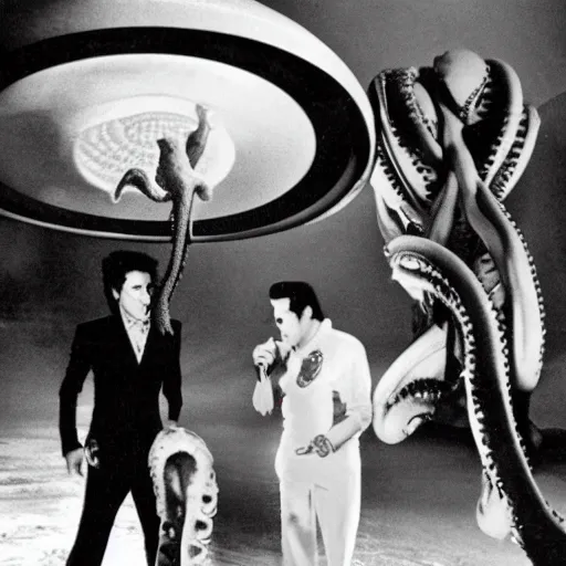 Image similar to photograph of elvis meeting octopus aliens from another world, in alien spaceship