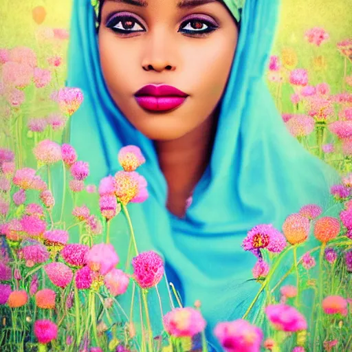 Image similar to somali friends, vintage, field of flowers, city bridge, beautiful, happy, dreamy, pastel, highly detailed, detailed faces, high focus, dreamy, pastel