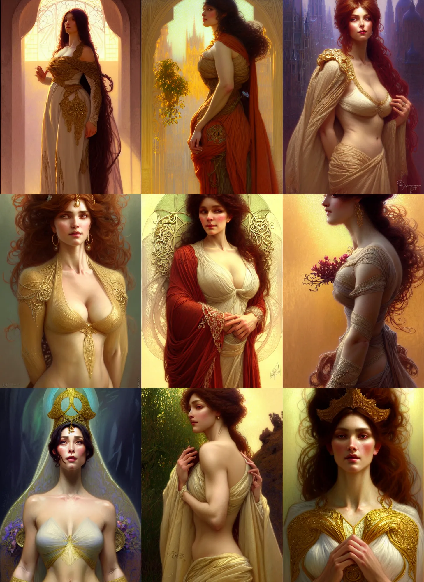 Image similar to character concept portrait of me as modest wife blessed by god to grow ever more intelligent beautiful voluminous muscular tall and virtuous. modestly clothed, intricate, elegant, highly detailed, digital painting, artstation, concept art, symmetry, smooth, sharp focus, illustration, art by gaston bussiere and alphone mucha