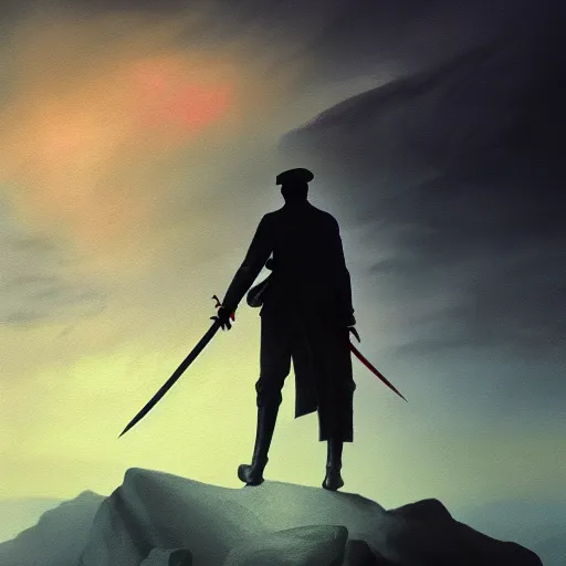 Image similar to dark-skinned man standing tall on a cliff fog clouds clothed in military uniform holding sword in the style of CASPAR DAVID FRIEDRICH techno atmosphere colourful beautiful image, brush strokes, pastel, artstation deviantart acrylic