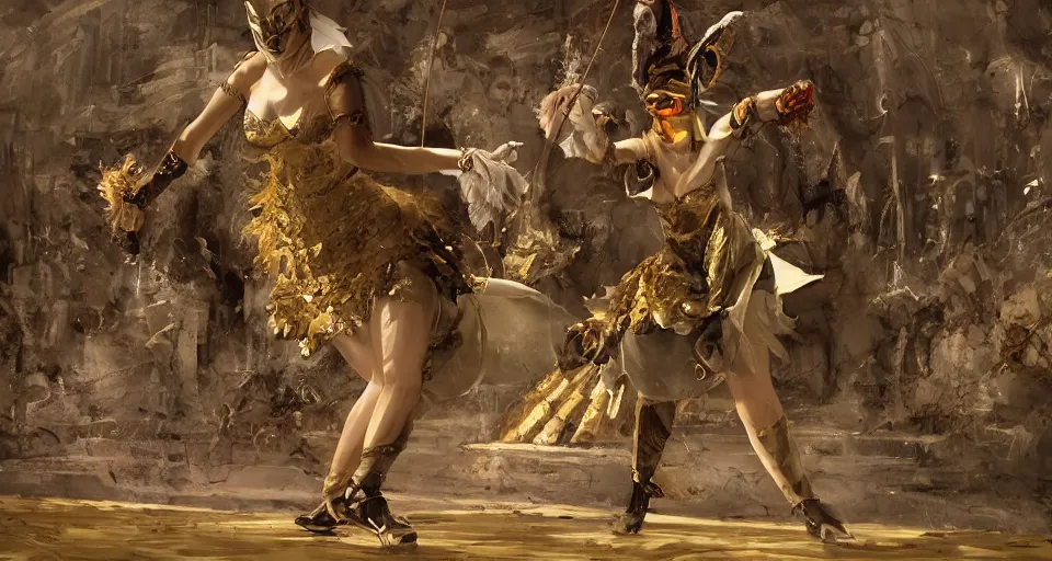 Image similar to craig mullins and ghibli digital art of on the huge stage, the masked female violinist playing alone, she wore a strong exotic costumes, gold ornaments, black hair, circulation string sound with graceful figure, evoke the desire of every audience present. unreal engine, hyper realism, realistic shading, cinematic composition, realistic render, octane render, detailed textures, photorealistic, wide shot