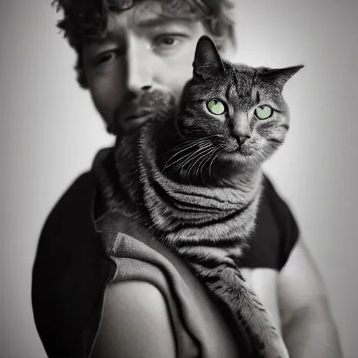 Prompt: a portrait of a man with a cat sitting on his shoulder. hyperrealism 8 k photograph