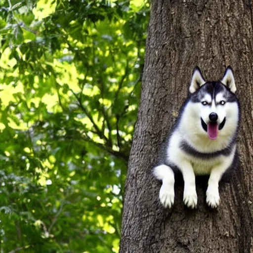 Image similar to husky stuck in an extremely tall tree