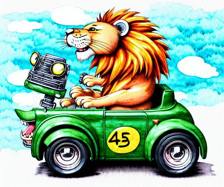 Image similar to cute and funny, lion wearing a helmet riding in a tiny hot rod with oversized engine, ratfink style by ed roth, centered award winning watercolor pen illustration, isometric illustration by chihiro iwasaki, edited by range murata, tiny details by artgerm and watercolor girl, symmetrically isometrically centered, focused