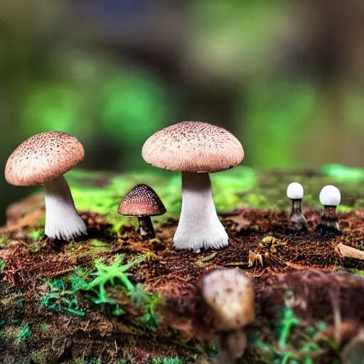 Prompt: macro photo with a mushroom character with cute eyes and mycelium, very close to real nature, natural colors and natural surroundings, painted patterns and coloring on mushrooms, 8K, highly detailed, cartoon