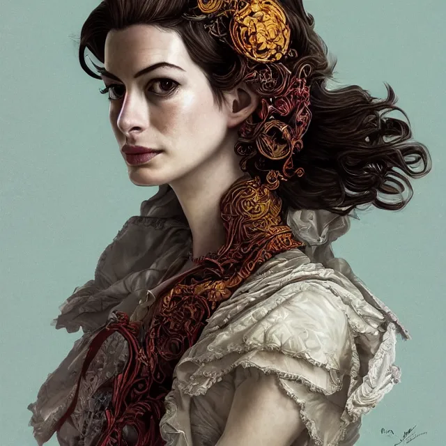 Image similar to the portrait of the lawful good alignment personified as anne hathaway, absurdly beautiful, graceful, elegant, sophisticated, young woman, an ultrafine hyperdetailed illustration by kim jung gi, irakli nadar, intricate linework, bright colors, octopath traveler, final fantasy, unreal engine 5 highly rendered, global illumination, radiant light, detailed and intricate environment