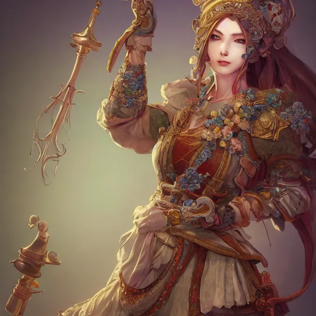 Image similar to studio portrait of neutral good colorful female cleric bard healer as absurdly beautiful, gorgeous, elegant, young woman, an ultrafine hyperdetailed illustration by kim jung gi, irakli nadar, intricate linework, sharp focus, bright colors, octopath traveler, final fantasy, unreal engine 5 highly rendered, global illumination, radiant light, detailed and intricate environment
