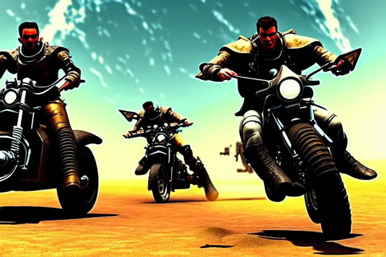 Image similar to mad max riding his Interceptor in space, fighting mutants on space bikes, action-scene, very detailed, high octane