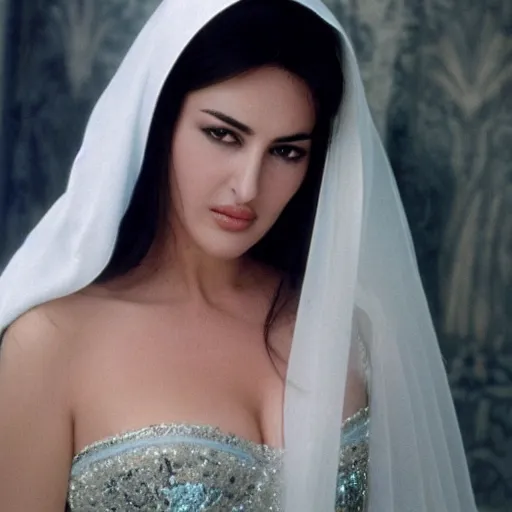 Image similar to young arab Monica Bellucci, blue eyes, white veil, closeup, focus