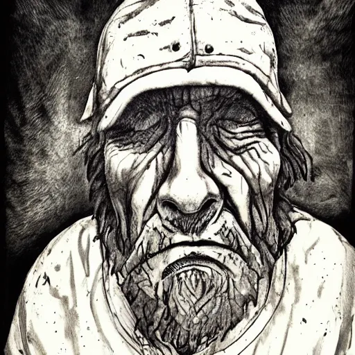 Prompt: a realistic portrait of an old weathered protector, ink illustrated , dream like atmosphere,