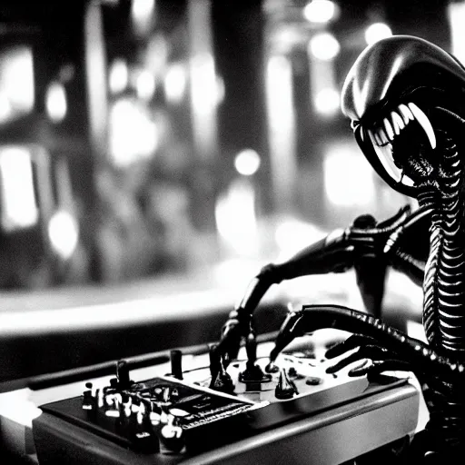 Prompt: xenomorph playing dj in tomorrowland. still film. 35 mm lens. sharp focus. intricate