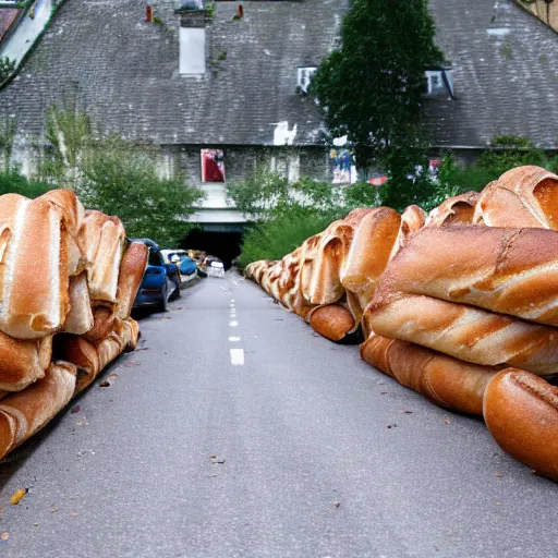 Prompt: Road covered in baguettes