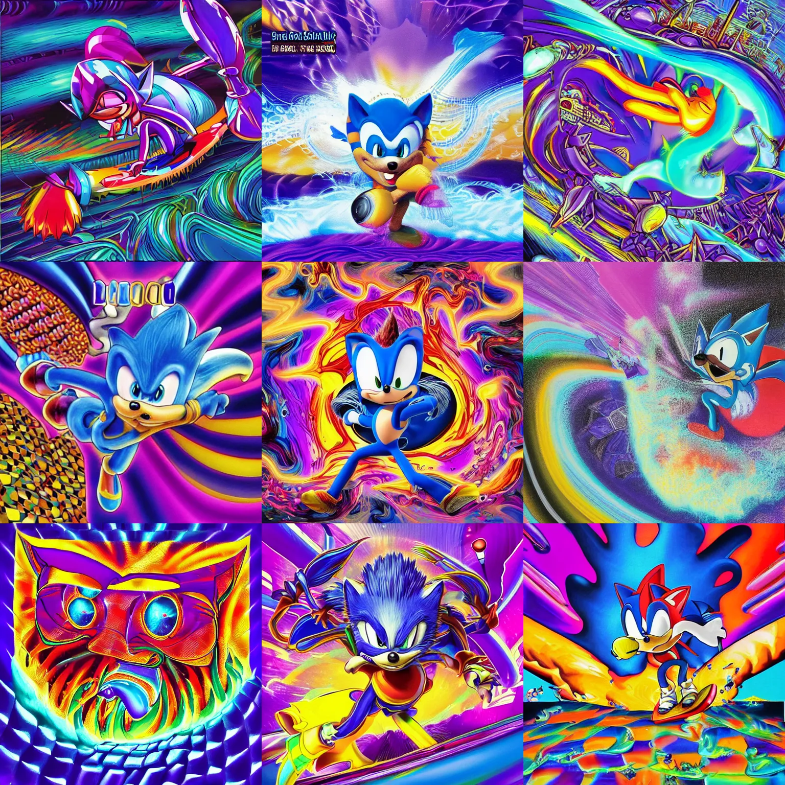 Image similar to surreal, sharp, detailed professional, high quality airbrush art MGMT album cover of a liquid dissolving LSD DMT blue sonic the hedgehog surfing through cyberspace, purple checkerboard background, 1990s 1992 Sega Genesis video game album cover