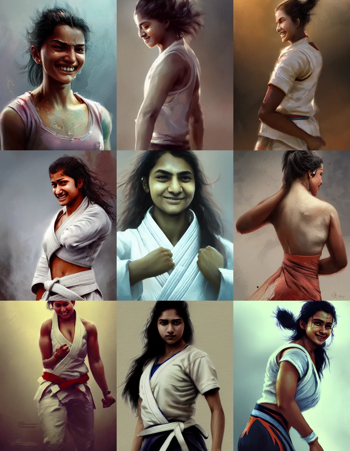 Prompt: young indian woman judo expert, strong, muscular, laughing, digital portrait by greg rutkowski, intricate, soft focus, highly detailed, cinematic, epic, artstation