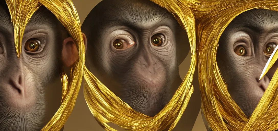 Image similar to two monkeys, gold scissors, a big diamond, symmetrical details, smooth, sharp focus, illustration, realistic, cinematic, artstation, gold, ornate, award winning, original modern artwork, rgb ethereal lighting, 8k