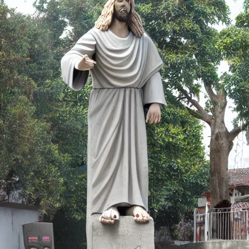 Prompt: giant concrete statue of Jesus Christ on a cross