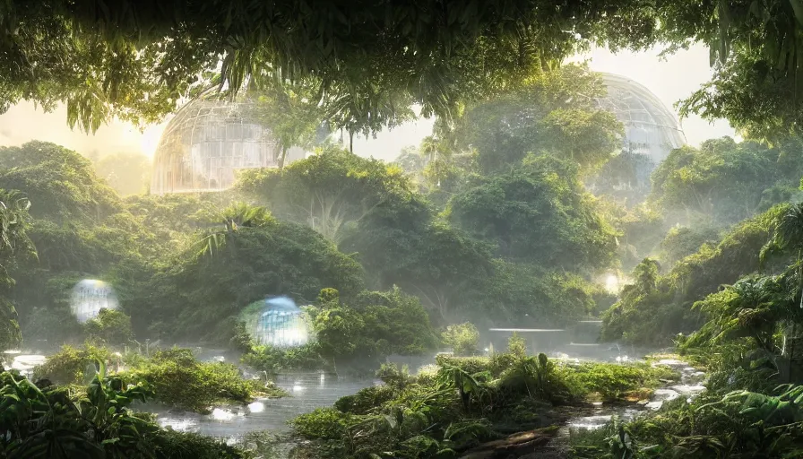 jungle, explorers, mist, god rays, concept art