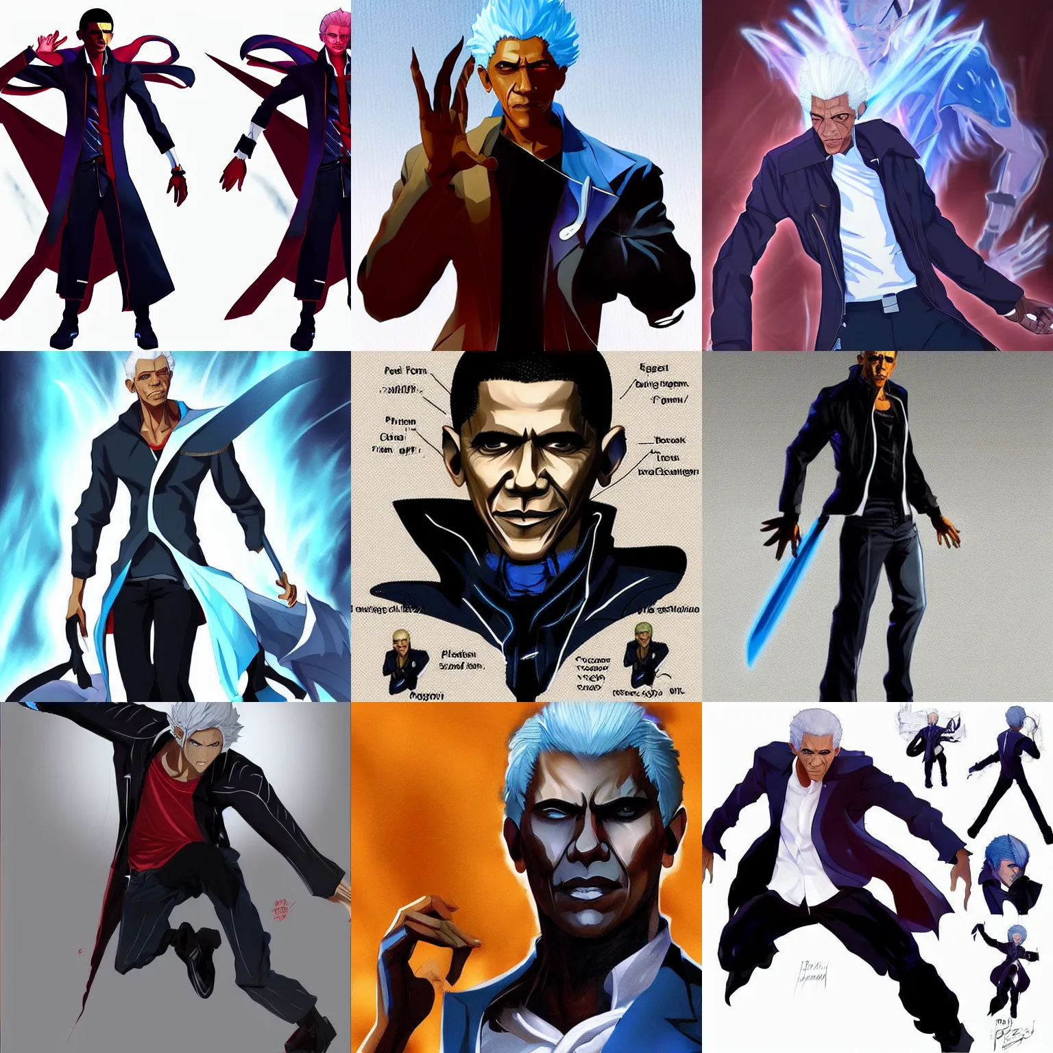 Prompt: fusion of barack obama and vergil from devil may cry, concept art, featured on pixiv, official art, 2 d game art, dynamic pose, anime aesthetic