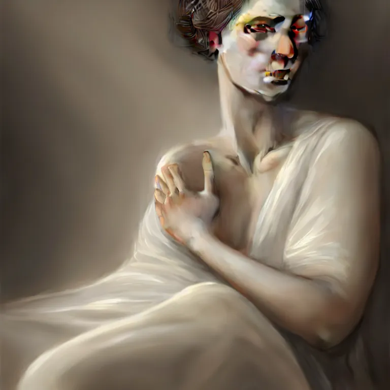 Prompt: a wonderful realistic portrait of a lonely woman with a detailed wonderful face who is dressed with a wonderful, majestic, large semi transparent white cotton dress, accent white lighting, dramatic light, octane render by roberto ferri, fantasy art, photo realistic, dynamic lighting, unreal engine rendered, artstation, poster, dramatic light, - 8 k, award winning