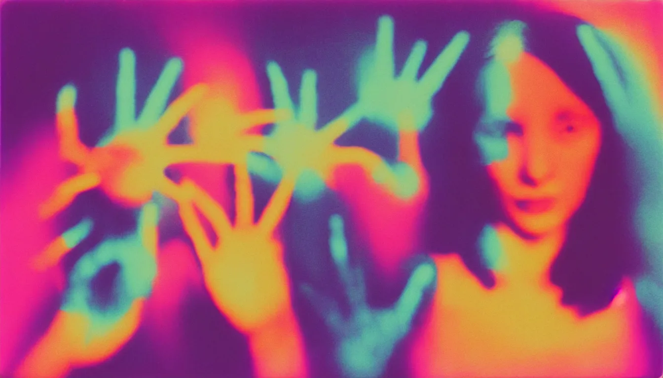 Prompt: colorful instant photograph of a woman blocking the camera with her hand, polaroid, light leak, raw, nostalgic