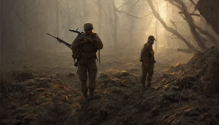 Prompt: beautiful digital painting of a lone survivor, one soldier after his squad killed in action in a trench waiting for the war to end. cinematic lighting and rendering, atmospheric, concept art, high detailed faces, artstation, underpainting by artgerm and greg rutkowski, overpainted by eddie mendoza, post process by ross tran