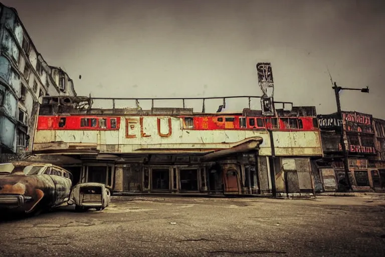 Image similar to low wide angle shot of dilapidated fallout 5 europa, retro futuristic euro cityscapes, desolate, dilapidated neon signs, few rusted retro futuristic vintage parked vehicles like cars, buses, trucks, trams, volumetric lighting, photorealistic, fog, daytime, autumn, overcast weather, sharp focus, ultra detailed, 4 0 0 0 k