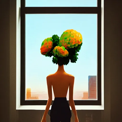 Image similar to closeup, giant flower head, woman next to modern windows, luxury apartment, surreal photography, dramatic light, impressionist painting, digital painting, artstation, james gilleard