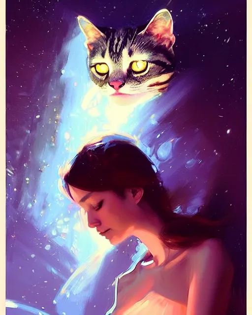 Image similar to a potrait of a space fanstasy cat, fine details. night setting. realistic shaded lighting poster by ilya kuvshinov katsuhiro, artgerm, jeremy lipkin and michael garmash, unreal engine, radiant light, detailed and intricate environment, digital art, trending on art station