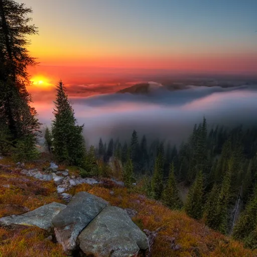Image similar to tall mountain, realistic, detailed, fog, award winning photo, sunset, 8 k