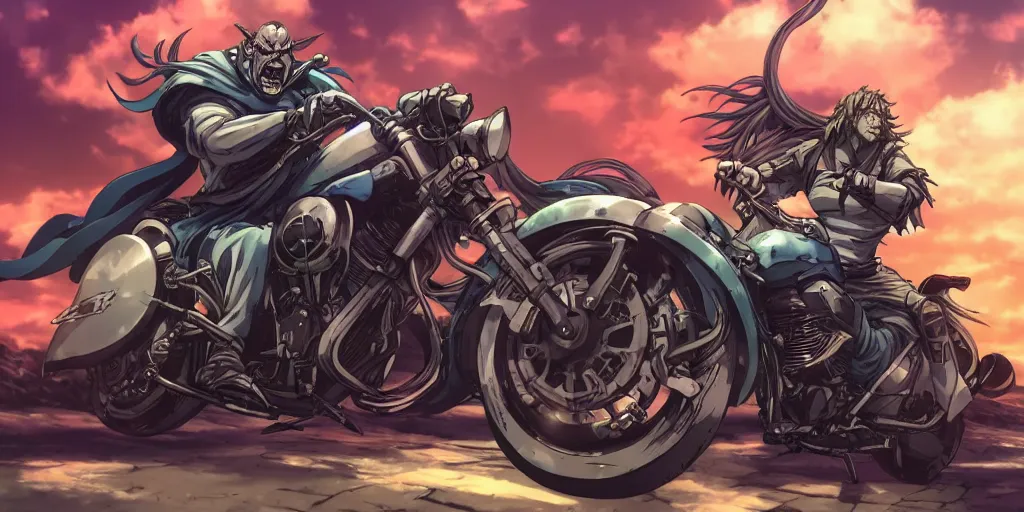 Image similar to high quality anime movie still, motorcycle, stylized action shot of an orc popping a wheelie on a motorcycle, menacing orc, clear focused details, soft airbrushed artwork, black background, apocalyptic, studio ghibli, miyazaki, anime style